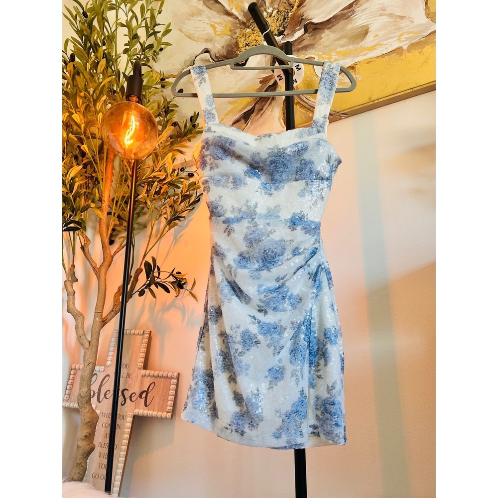 Windsor Blue White  Floral Sequin Ruched Fairycore Mini Dress  Small